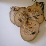4 Wooden Halloween Hang Tag Ornament Spider Web..