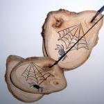 4 Wooden Halloween Hang Tag Ornament Spider Web..