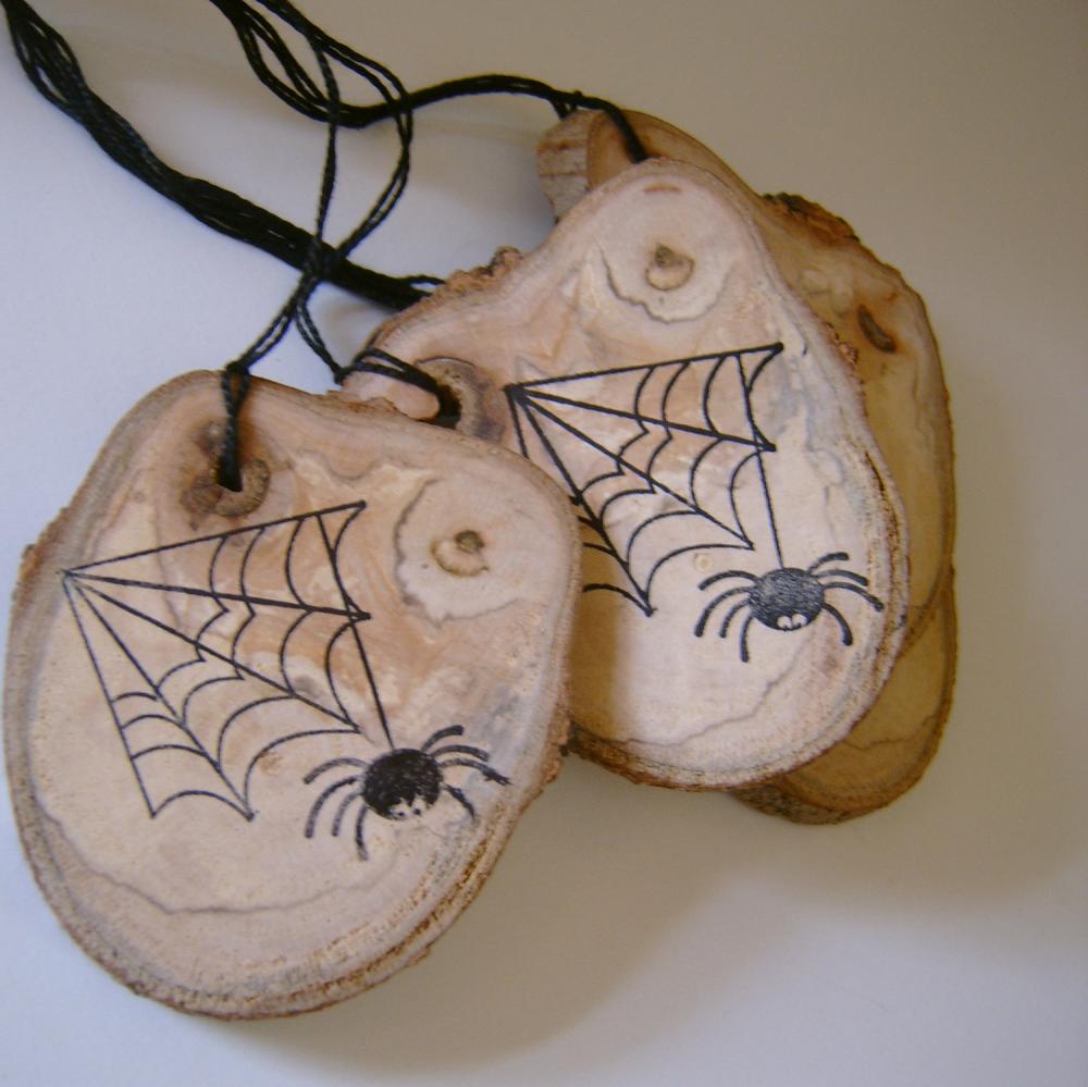 4 Wooden Halloween Hang Tag Ornament Spider Web Favors